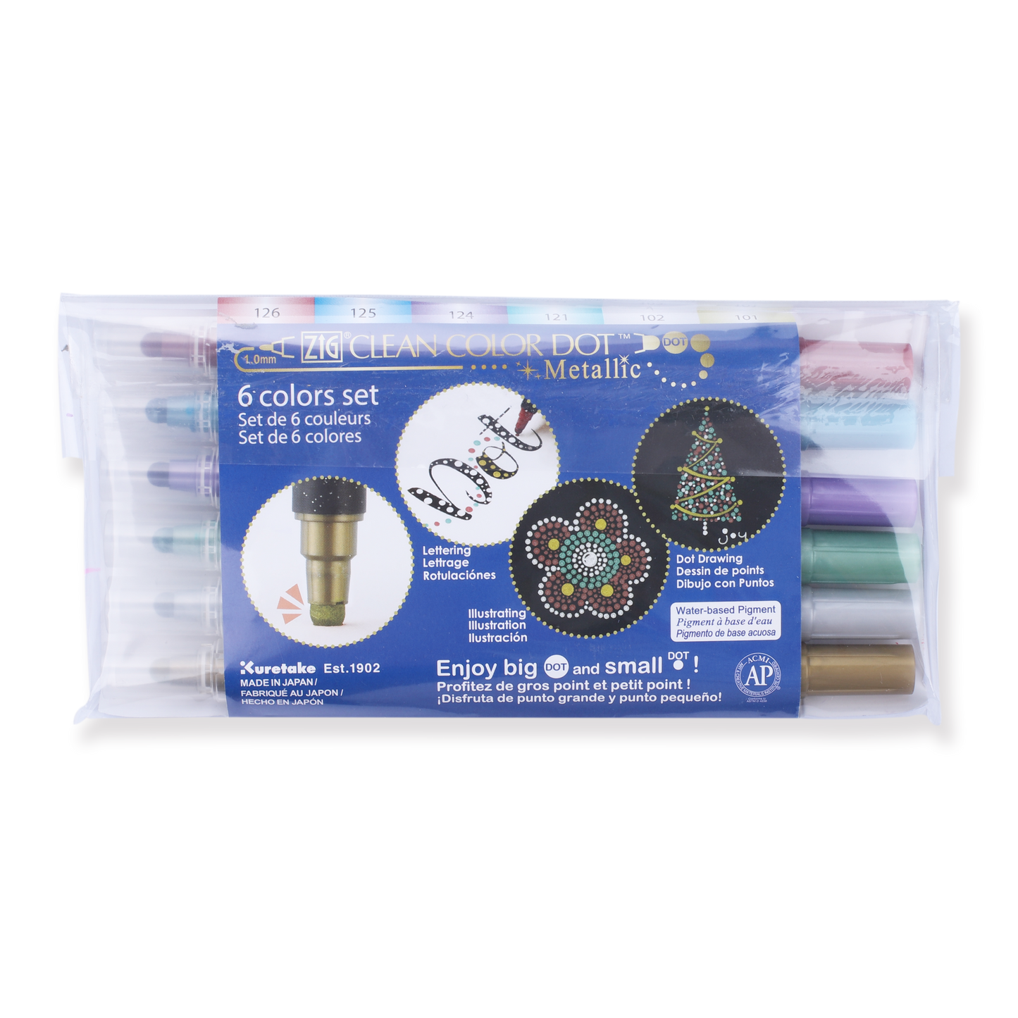 Kuretake Zig Clean Colour Dot Metallic Double-Sided Marker - 6 Color Set - Stationery Pal