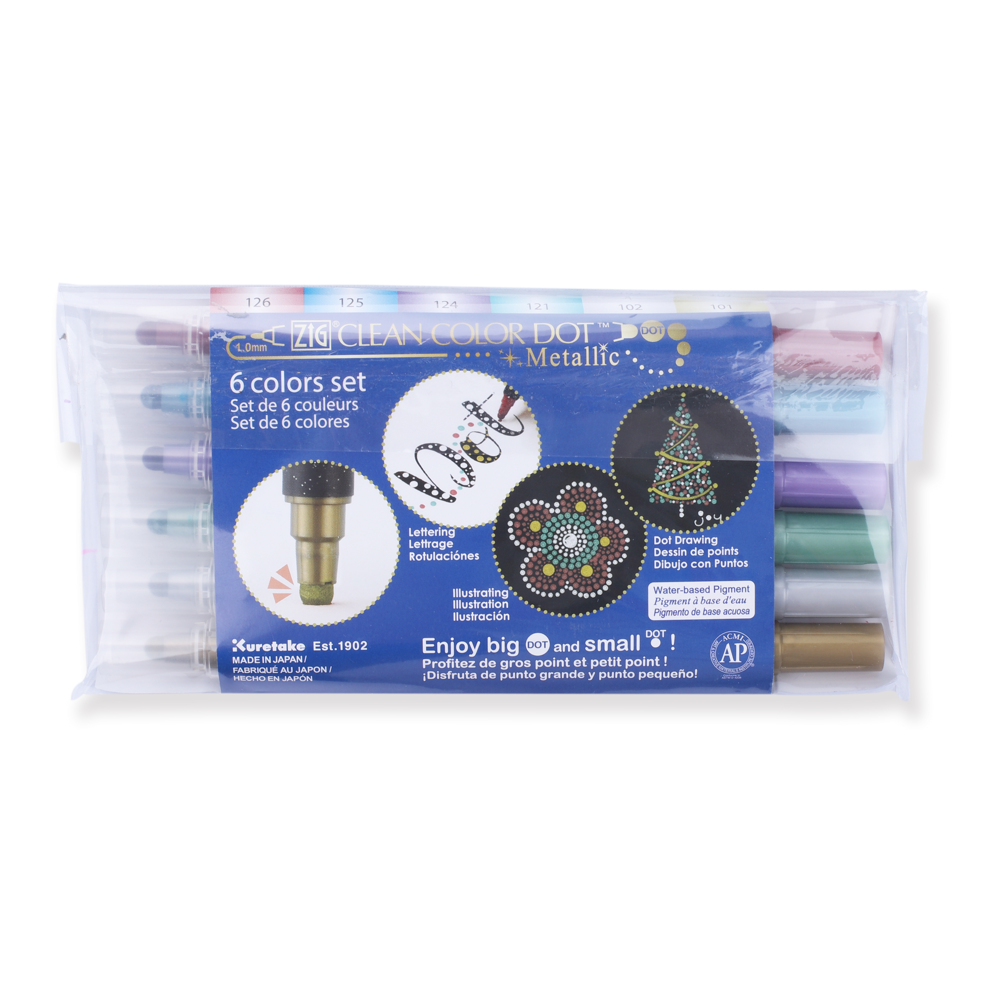Kuretake Zig Clean Colour Dot Metallic Double-Sided Marker - 6 Color Set - Stationery Pal